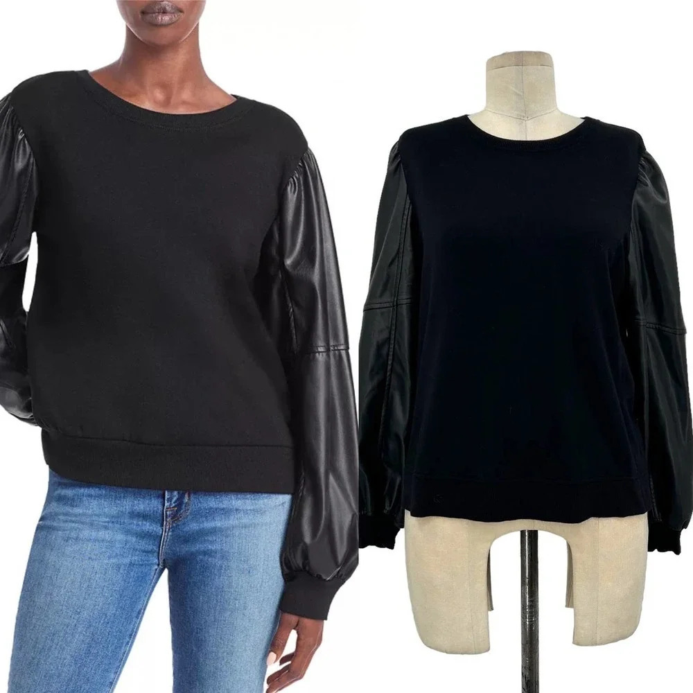 Generation Love Finley Faux Leather Sleeve Sweatshirt Black Size XS